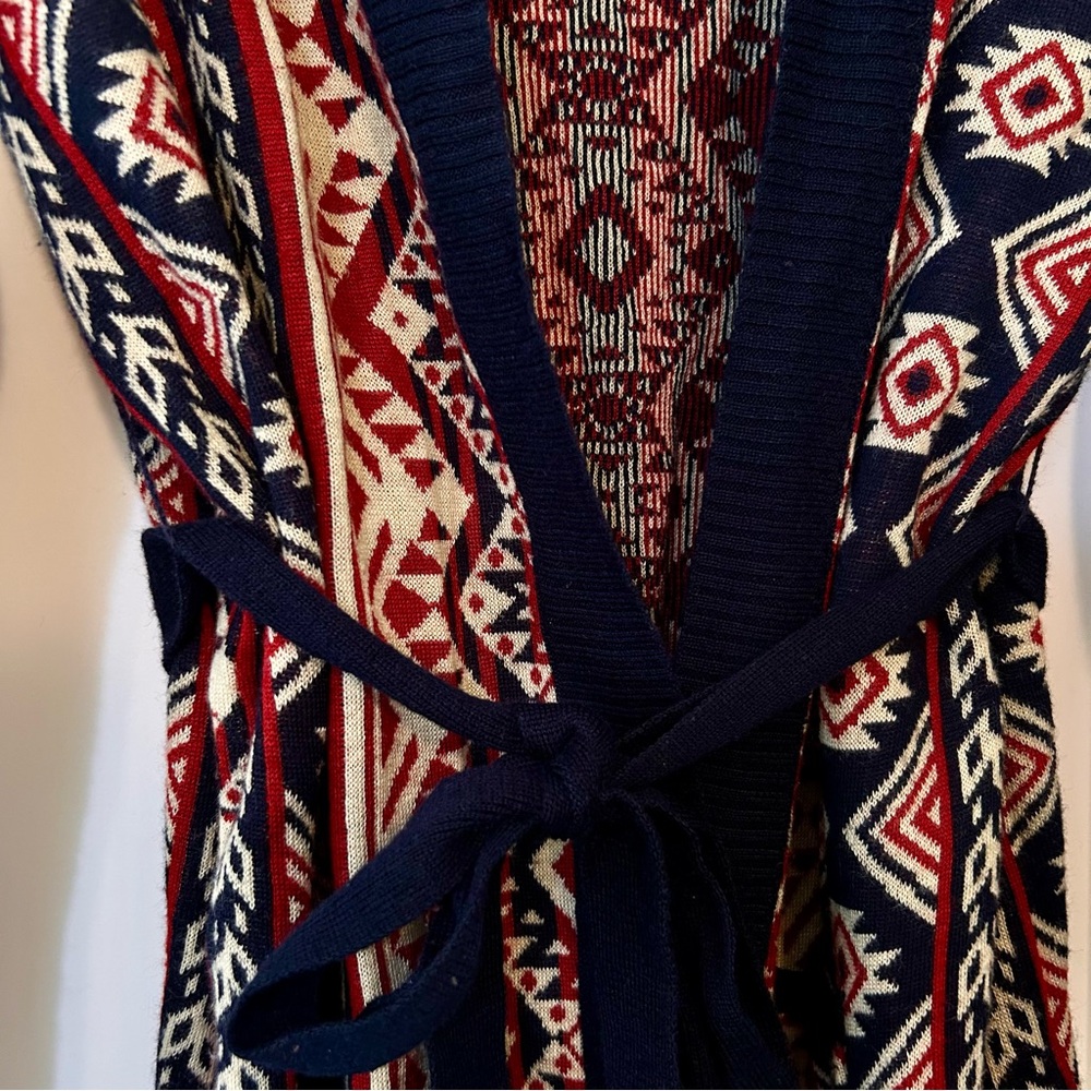 Under Skies Aztec Tribal Dark Red Navy Blue Belted Open Cardigan Size L Boho - Picture 2 of 9